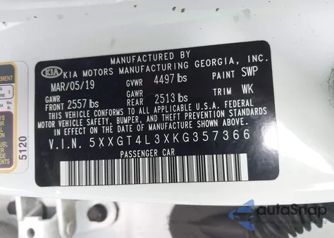 2019 Kia Optima Lx z USA, uszkodzony, nr VIN 5XXGT4L3XKG357366